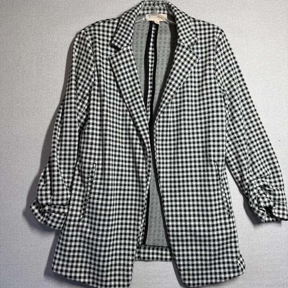 Philosophy Republic Clothing Blazer Womens S Black Houndstooth Open Front Jacket